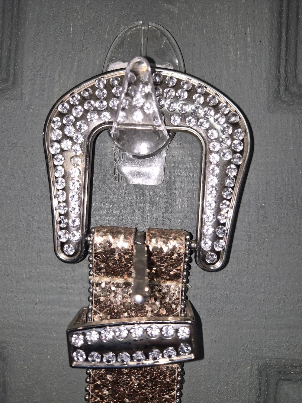 Rhinestone Buckle Glitter Leather Belt - Rose Gold